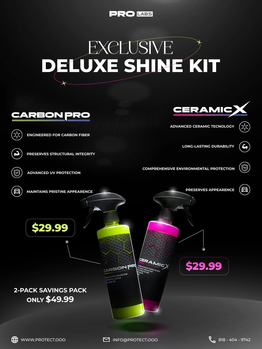 PRO LAB 2 Pack with Ceramic X and Carbon Pro for complete car paint and carbon fiber UV protection