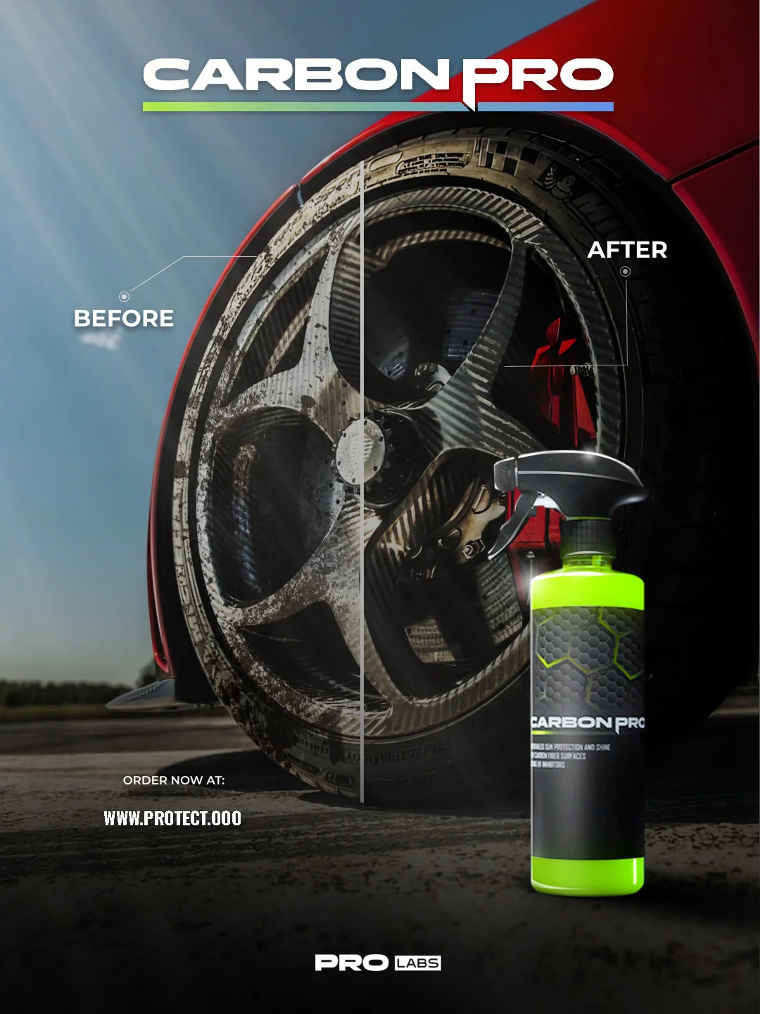 Carbon Pro coating for UV protection of carbon fiber surfaces, prevents fading and discoloration, before and after comparison with a red car on a road.