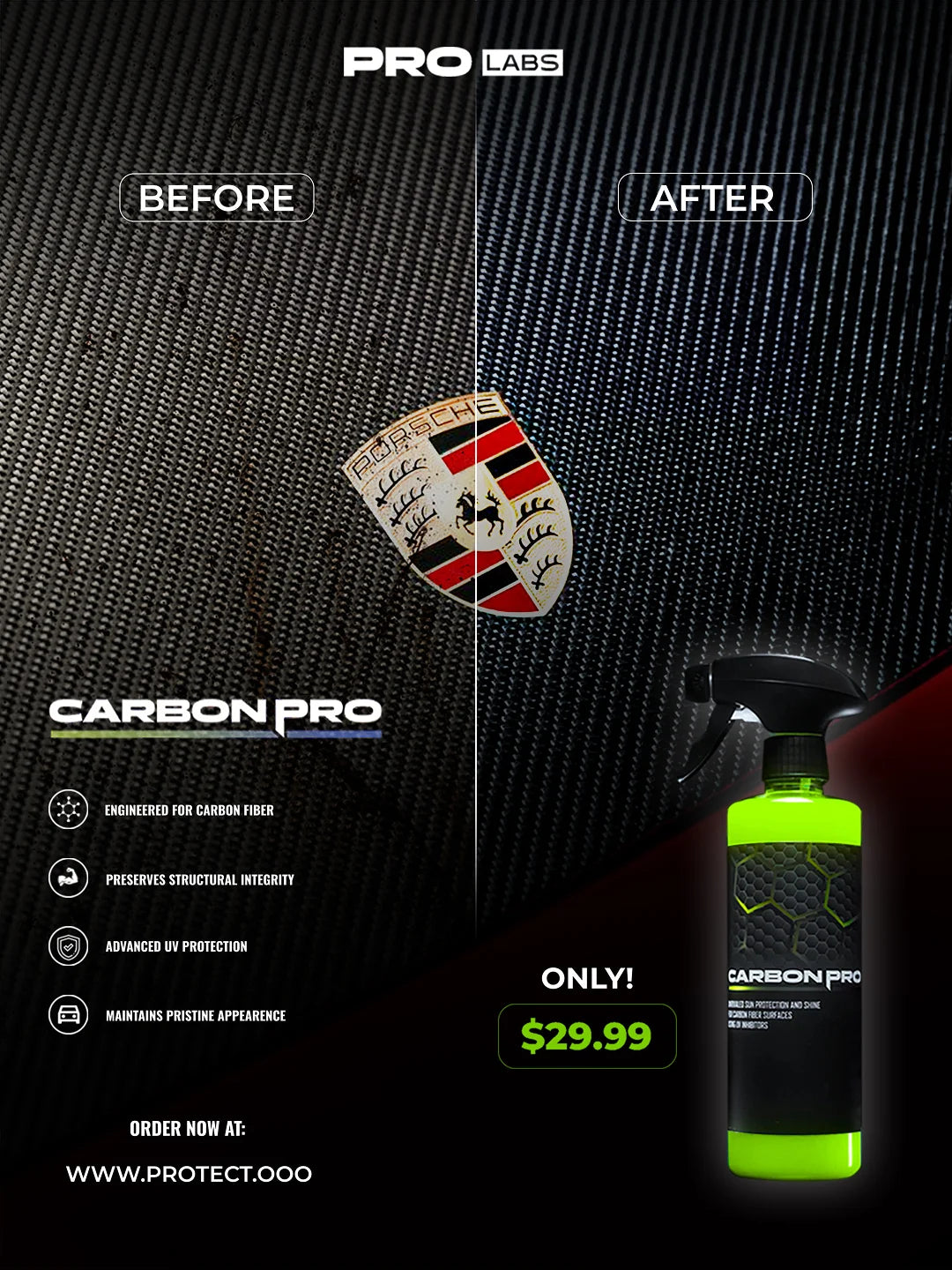 Carbon Pro coating for UV protection of carbon fiber surfaces, prevents fading and discoloration, before and after comparison