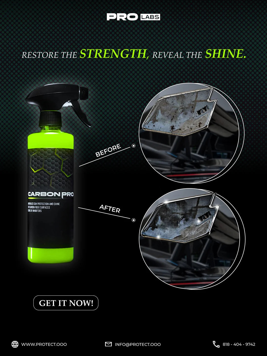 Carbon Pro coating for UV protection of carbon fiber surfaces, prevents fading and discoloration, before and after comparison