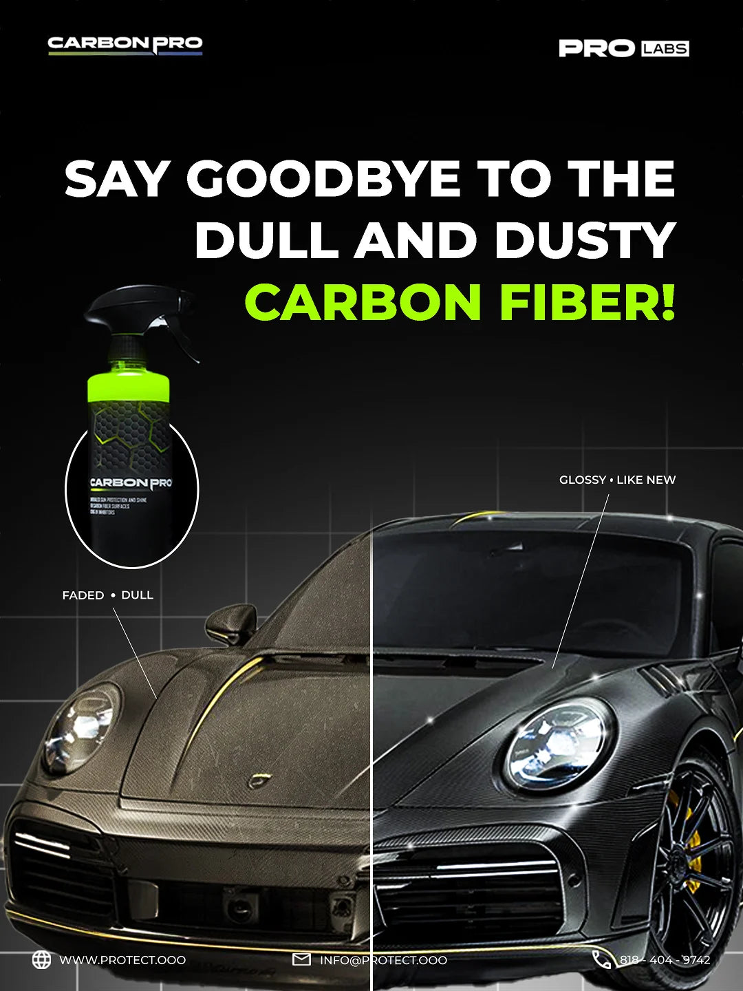 Carbon Pro coating for UV protection of carbon fiber surfaces, prevents fading and discoloration, before and after comparison