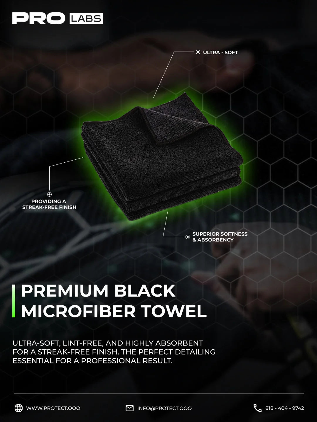 ProLabs premium black microfiber towel for car detailing – soft, lint-free, highly absorbent and streak-free finish